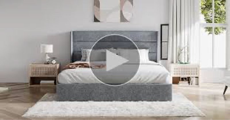 sha cerlin queen size lift up storage bed/modern wingback headboard/upholstered platform bed frame/hydraulic storage/no box spring needed/wood slats support/ligh grey