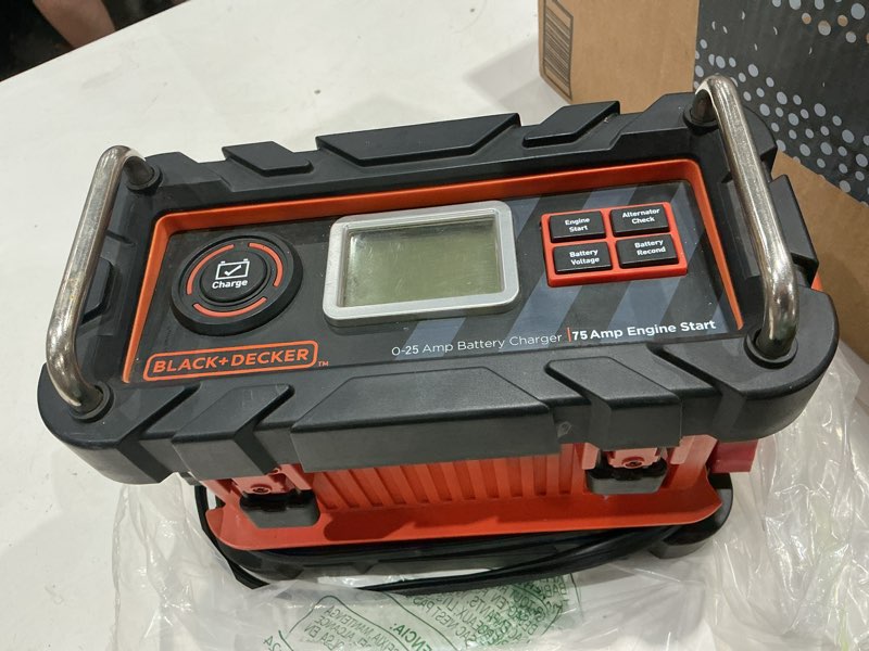 Condition photo showing As Is for black+decker bc25bd fully automatic 25 amp 12v bench battery charger/maintainer with 75a engine start, alternator check, cable clamps for lead acid batteries 25 amp charger