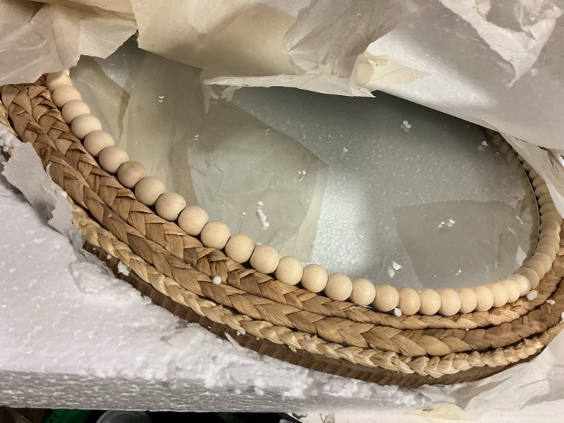 Condition photo showing Good Condition for SWTHONY 21 Inch Boho Round Hanging Wall Mirror Decorative Rattan Circle Wall Mounted Mirror for Farmhouse, Living Room, Bedroom, Bathroom 21 Inch Wood