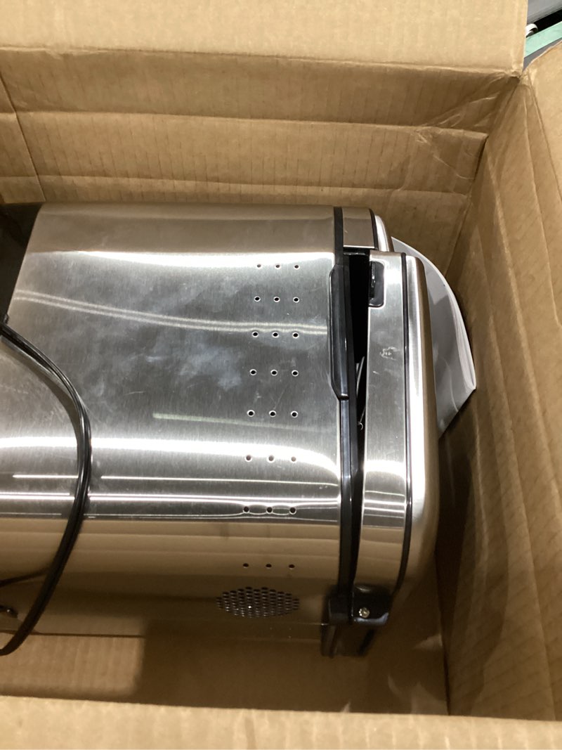Condition photo showing As Is for cuisinart bread maker machine, stainless steel automatic bread machine with 12 menu options, 3 loaf sizes up to 2 lb., 3 crust colors, removable nonstick baking pan & kneading paddle, cbk-110nas