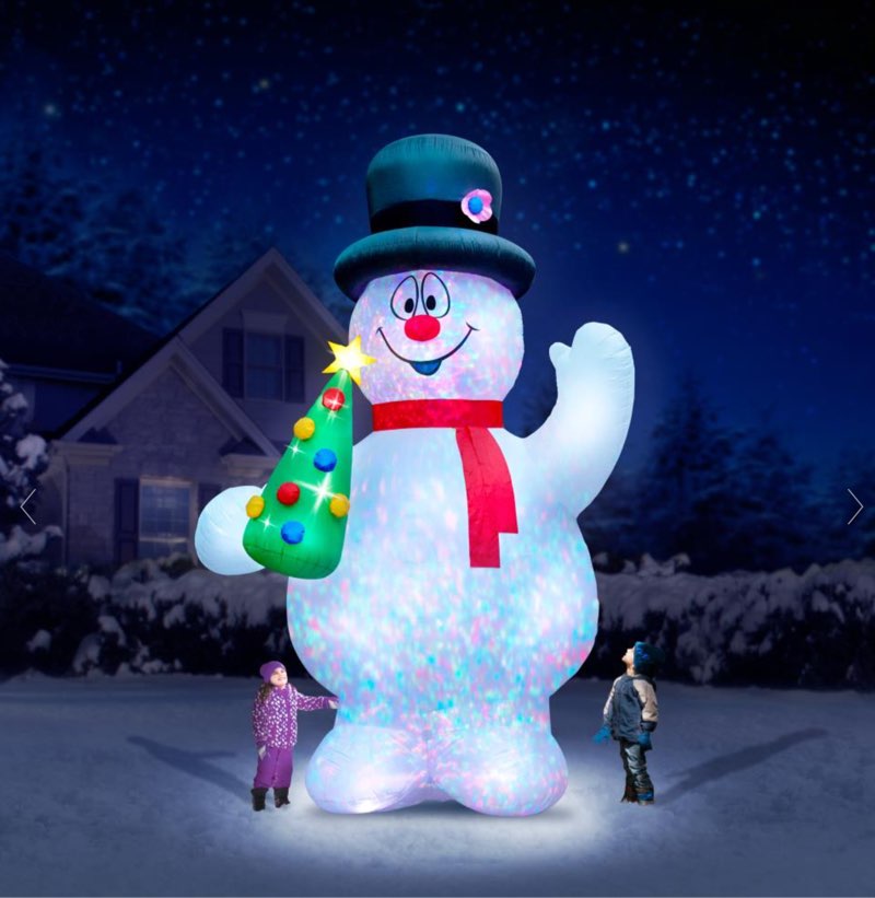 this is the inflatable Frosty The Snowman who entertains kids and adults alike with a dazzling light show. Based on the beloved character from the classic 1969 cartoon, an internal projector illuminates Frosty's bulbous body with a kaleidoscopic display of multi-colored lights. This giant snowman springs to life from a built-in electric fan that inflates him in minutes, complete with his old silk hat, bright red scarf, and a twinkling Christmas tree he holds in his hand. Made with premium oxford fabric that withstands snow, wind, and sun, the inflatable is also double-stitched and reinforced at the seams. It comes with twelve stakes including four heavy-duty units that are superior in strength and quality than standard models. Also includes four tethers to keep him secure. AC plug. 16 1/2' H x 7 1/2' W x 9 1/2' D. (13 1/2 lbs.)
