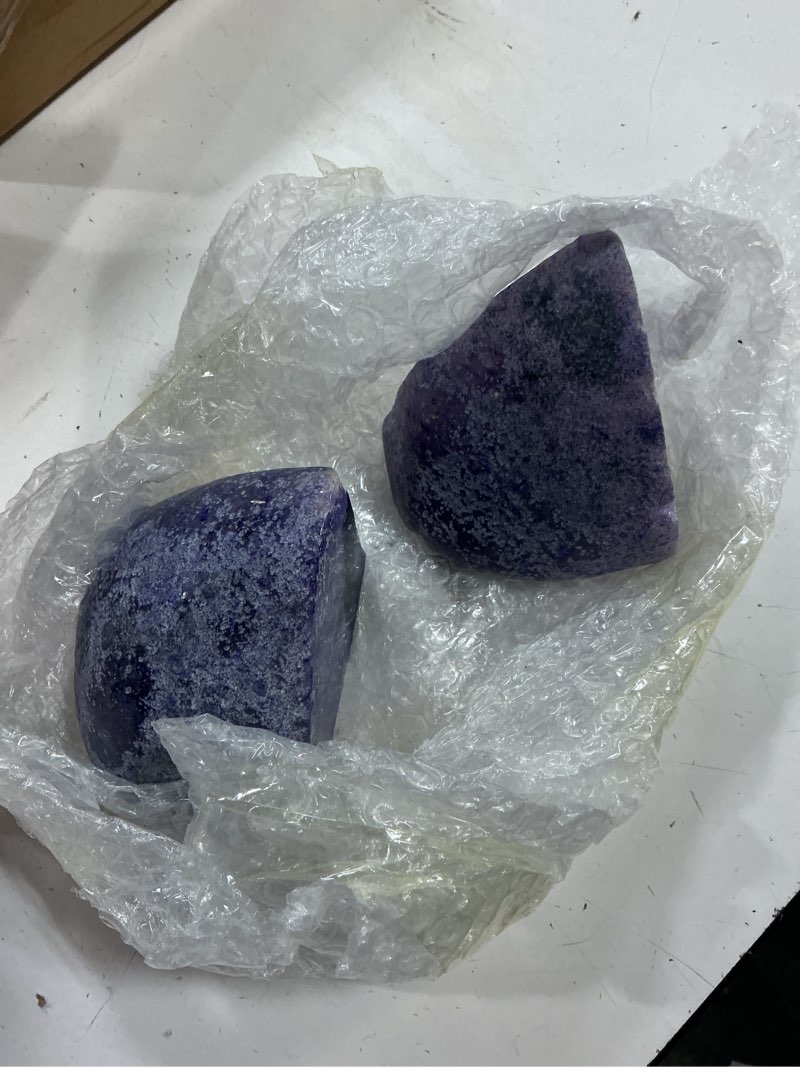 Condition photo showing As Is for decorative agate bookends 2-3 lbs dyed purple natural crystal geode book ends for home decor housewarming gift 1 pair purple 2-3lbs