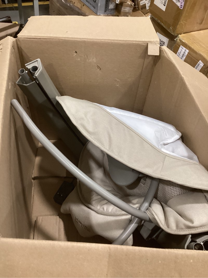 Condition photo showing As Is for momcozy 2-in-1 electric baby swing, dual-arm support system & parent-inspired motions, convertible to toddler seat up to 66 lbs, adjustable height, lightweight, khaki