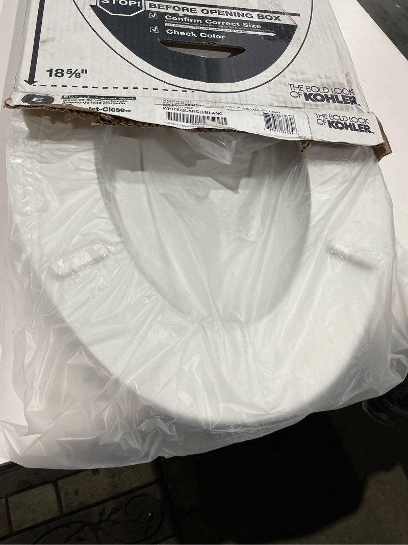 Condition photo showing Good Condition for kohler stonewood quiet-close elongated toilet seat, slow close design, durable wood, easy installation, universal fit, white finish, k-20466-0