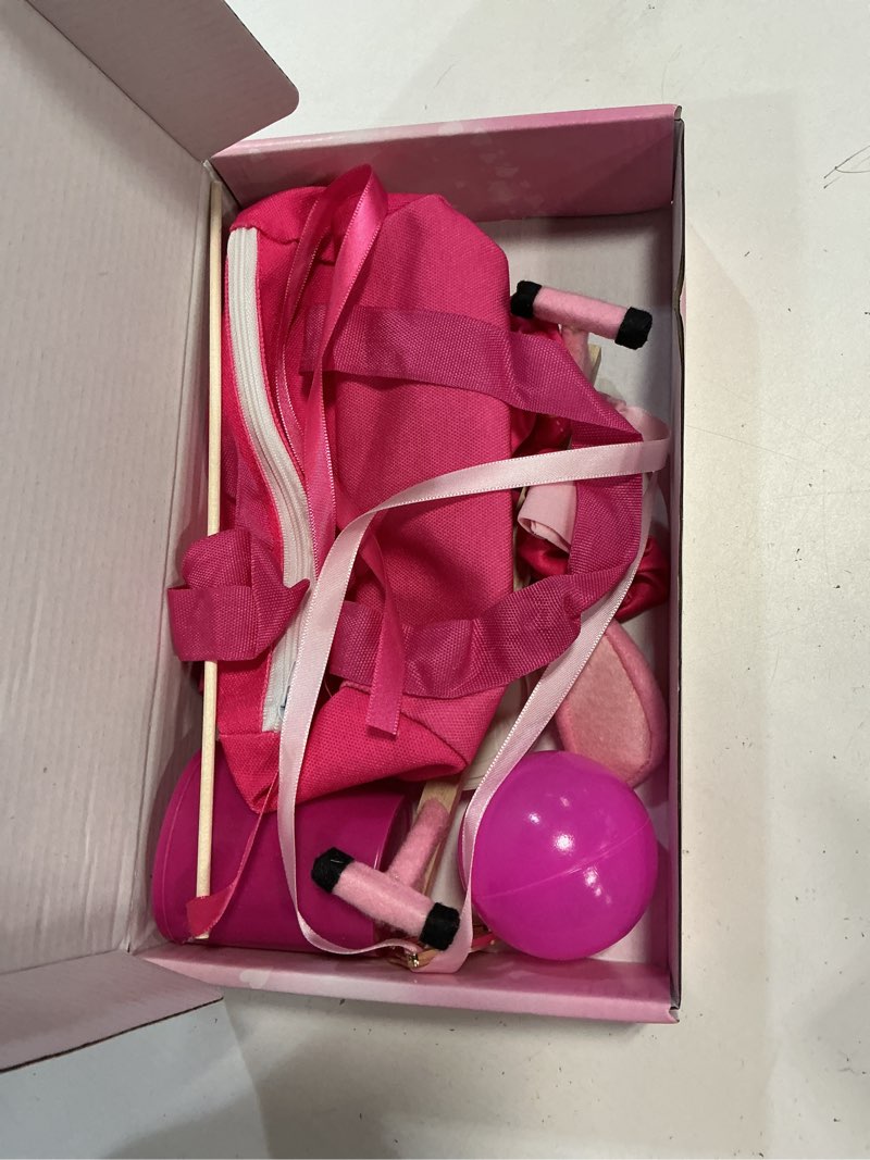 Condition photo showing As Is for 18 inch doll gymnastics clothes set, 18 inch doll gymnastics outfit - leotard, shoes, gym bag, balance beam, rhythmic ball & medal accessories for play (no doll)