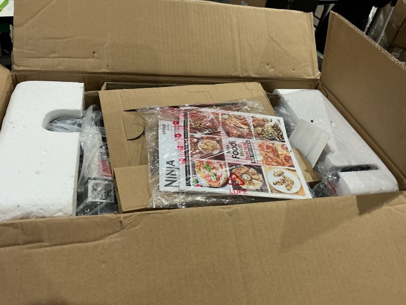 Condition photo showing As Is for broken glass ninja, toaster oven, air fryer, thermometer, toaster oven air fryer combo, stainless steel, quick meals, fries, frozen food, air fry, dehydrate, reheat, 13-in-1,less oil, flip away oven, foodi, sp351 13-in-1 with thermometer