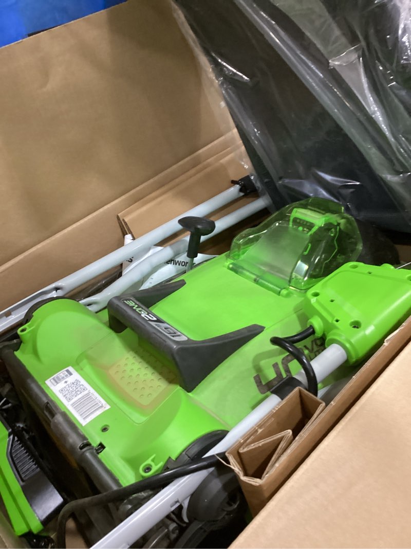 Condition photo showing As Is for greenworks 40v 16" (push) cordless lawn mower, 4.0ah battery (1/3 acre, push button start, compatible with 75+ tools) 16" (4.0ah)