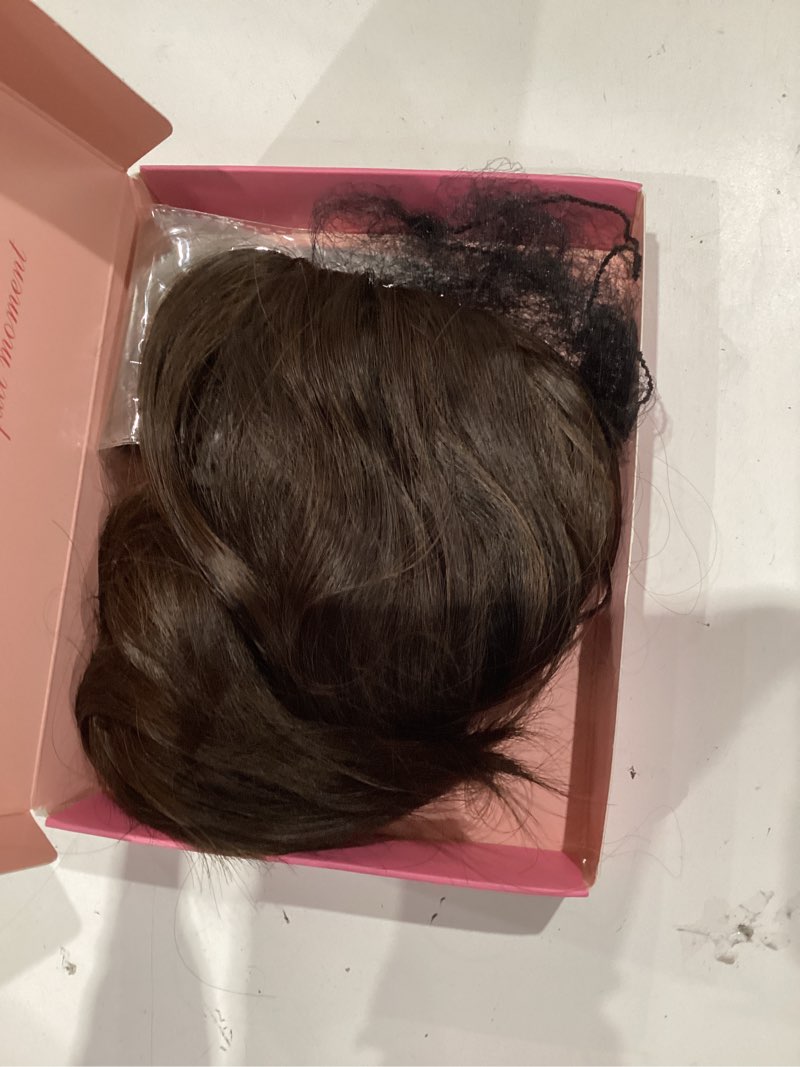 Condition photo showing As Is for tyq hair toppers for women with thinning hair,14 inch 360° 3d synthetic curly wavy side part clip in bangs(dark brown mixed chestnut) 14 inch #4/30