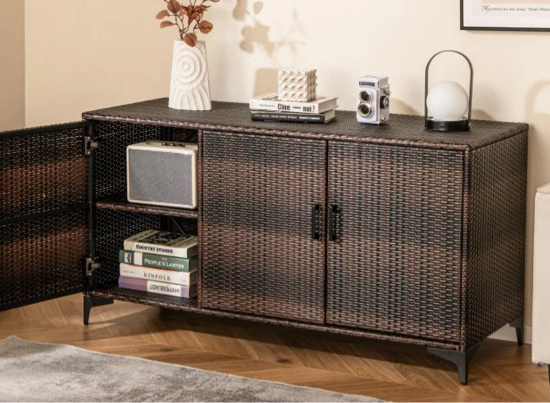  Similar to stock photo *84 Gallon Patio Wicker Deck Box 3-Door PE Rattan Storage Cabinet Container with Removable Shelves and Protective Foot Pads