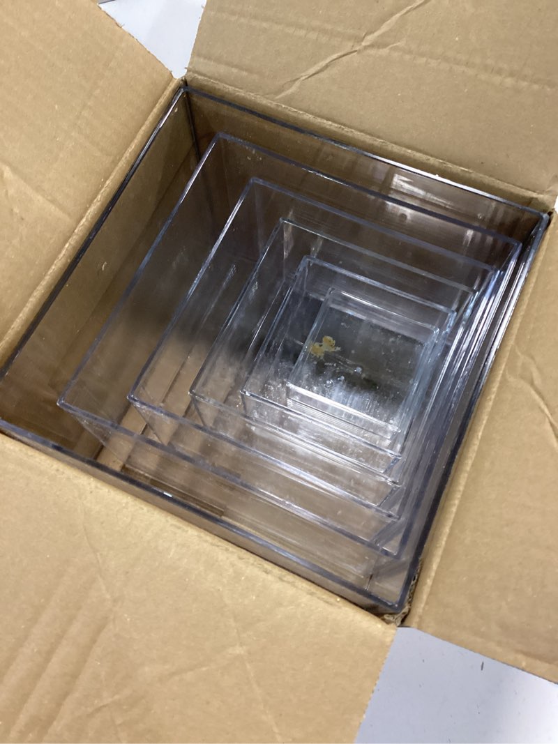 Condition photo showing As Is for 6 pcs clear acrylic boxes for display as buffet risers and stands, food risers for party, table, stands, including 8", 7", 6", 5", 4", 3" (small, 6pcs, clear)