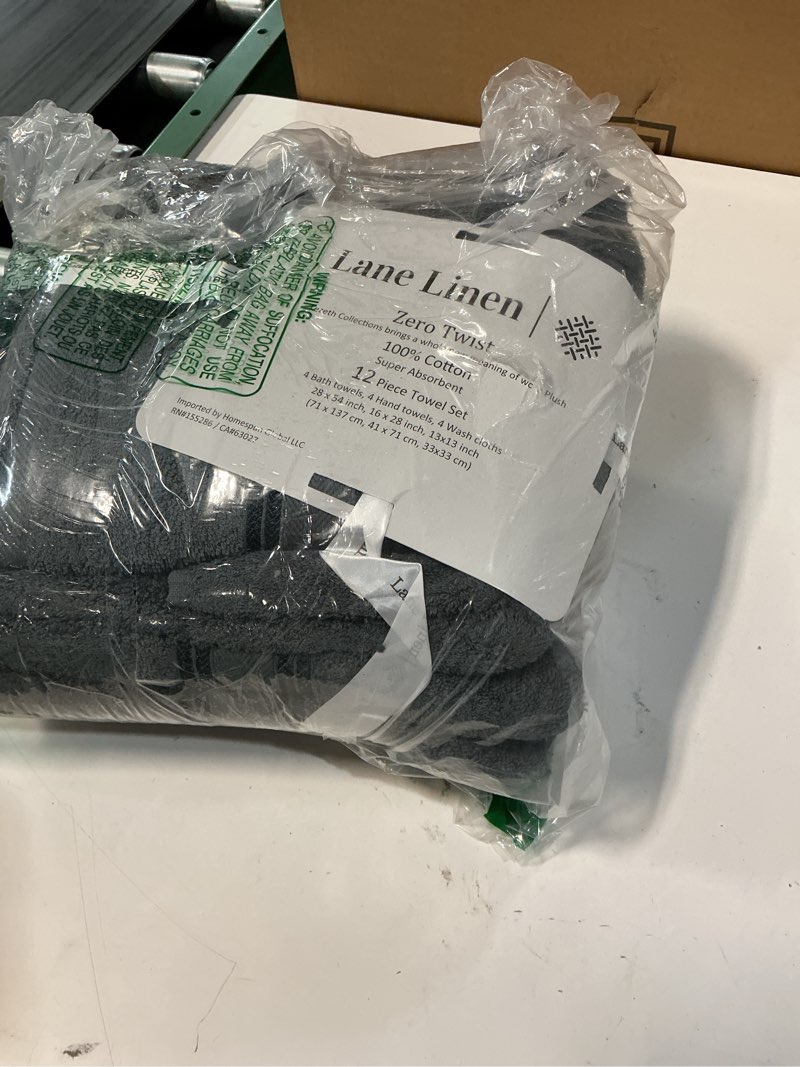 Condition photo showing New/Like New for lane linen towel and washcloths set of 12 – 100% cotton, zero twist, 4 large bath towel, 4 hand towels & 4 wash cloths, quick dry & long-lasting, perfect for family bathrooms, easy care – cool grey 12 piece towel set 03: cool grey