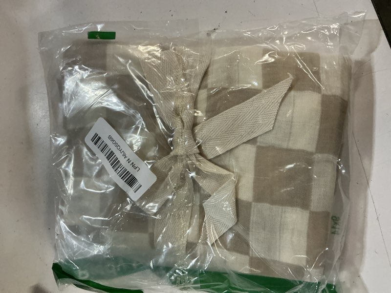 Condition photo showing New/Like New for mebie baby taupe checkered muslin swaddle, modern and neutral swaddle blanket for baby girl or boy, soft baby blankets, newborn swaddle blanket, 0-3 month, comfy wrap, baby essentials & gifts