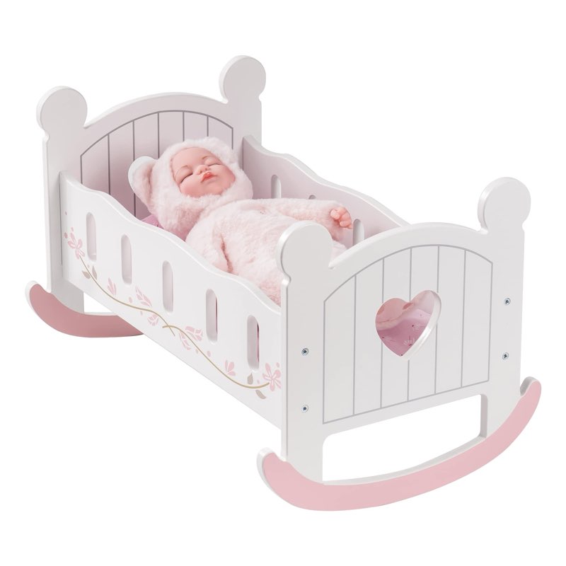ROBOTIME Wooden Play Doll Cradle Rocking Baby Doll Crib, Reversible Doll Bedding for Toddler Girl,Fi