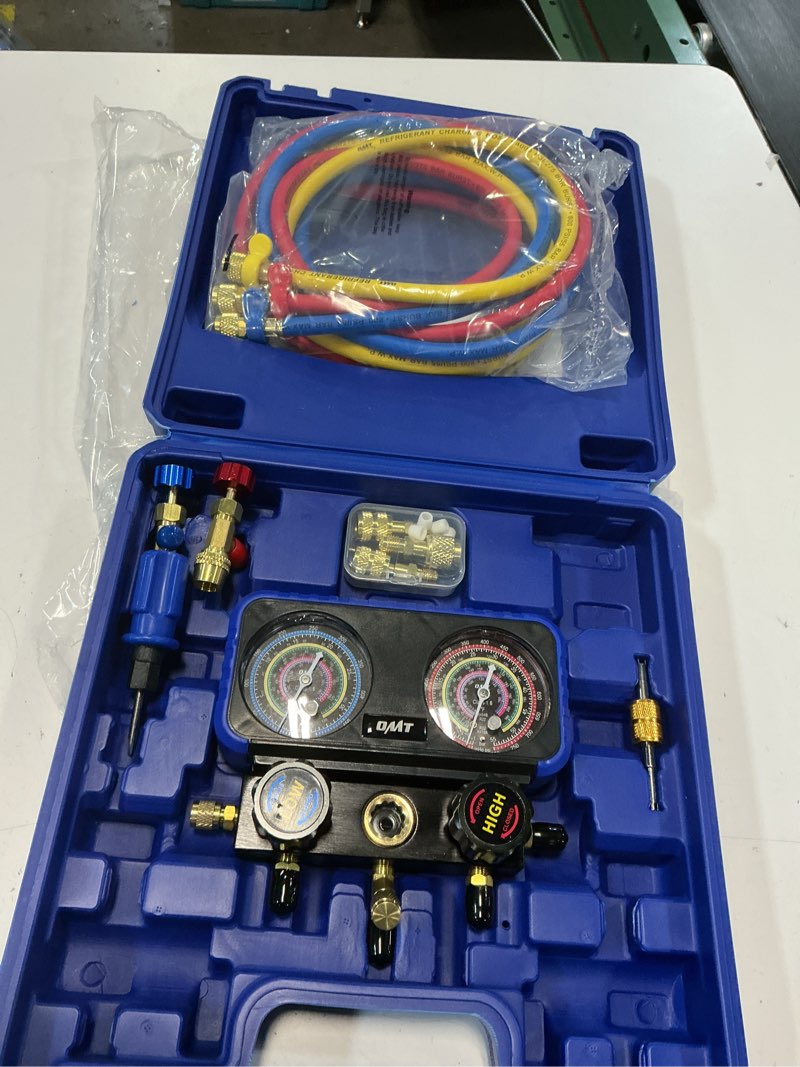 Condition photo showing Good Condition for orion motor tech ac gauge set, 3-way ac manifold gauge set for r410a r32 r22 r454b refrigerant with 5ft hoses, a/c gauge with r410 r12/r22 safety valves r410a r32/r454b adapters valve core wrench