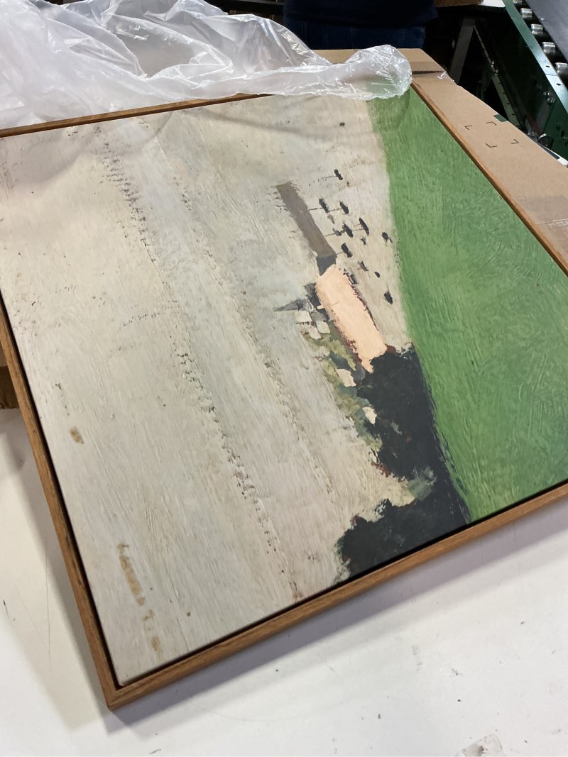 Condition photo showing As Is for american retro style abstract green hanging... 24”x24”