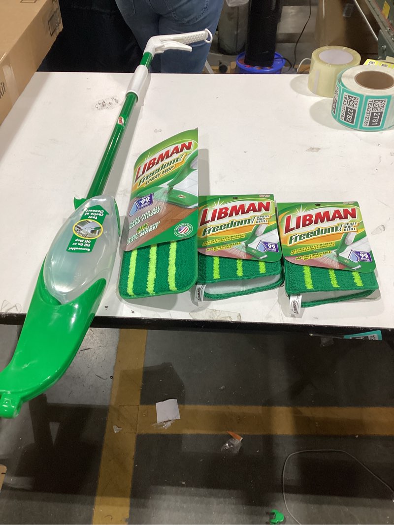 Condition photo showing Good Condition for Libman Freedom Spray Mop Kit, Microfiber Wet Mops for Floor Cleaning, Hardwood, Laminate, Tile Cleaner, Household Tool, 24 Oz Solution Tank, Two Extra Replacement Refill Heads Included