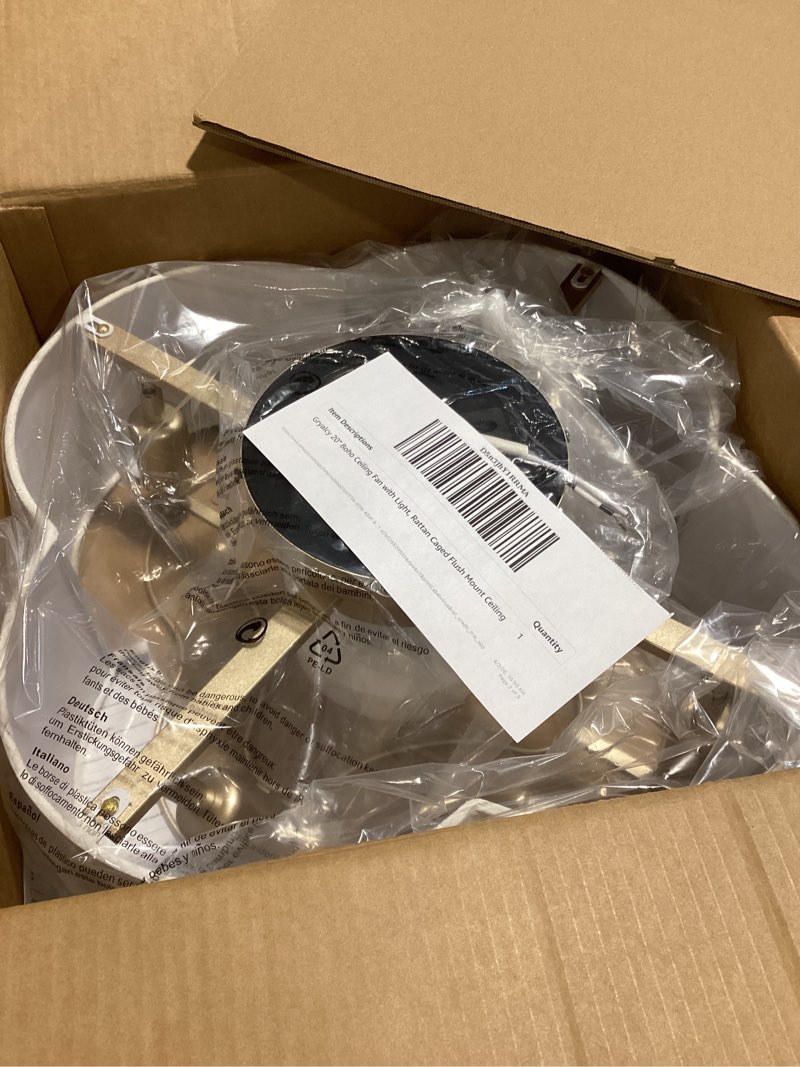 Condition photo showing Good Condition for 20" boho ceiling fan with light, rattan caged flush mount ceiling fan with light remote control, enclosed with 6 speeds for bedroom, living room, foyer, nursery (beige)