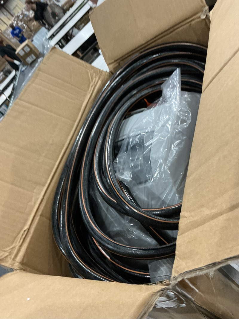 Condition photo showing As Is for giraffe tools ground mounted retractable hose reel 1/2 inch x 82ft, heavy duty automatic rewind garden hose reel, with flexible swivel base for lawn, concrete floor 82 ft 1/2 inch
