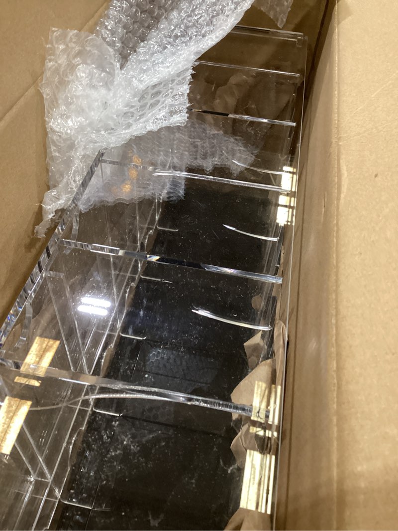 Condition photo showing As Is for 6-slot booster pack dispenser with black base - fits 240 booster packs for dispensing - compatible with tcg trading card boosters and sports card boosters - 4mm acrylic stackable