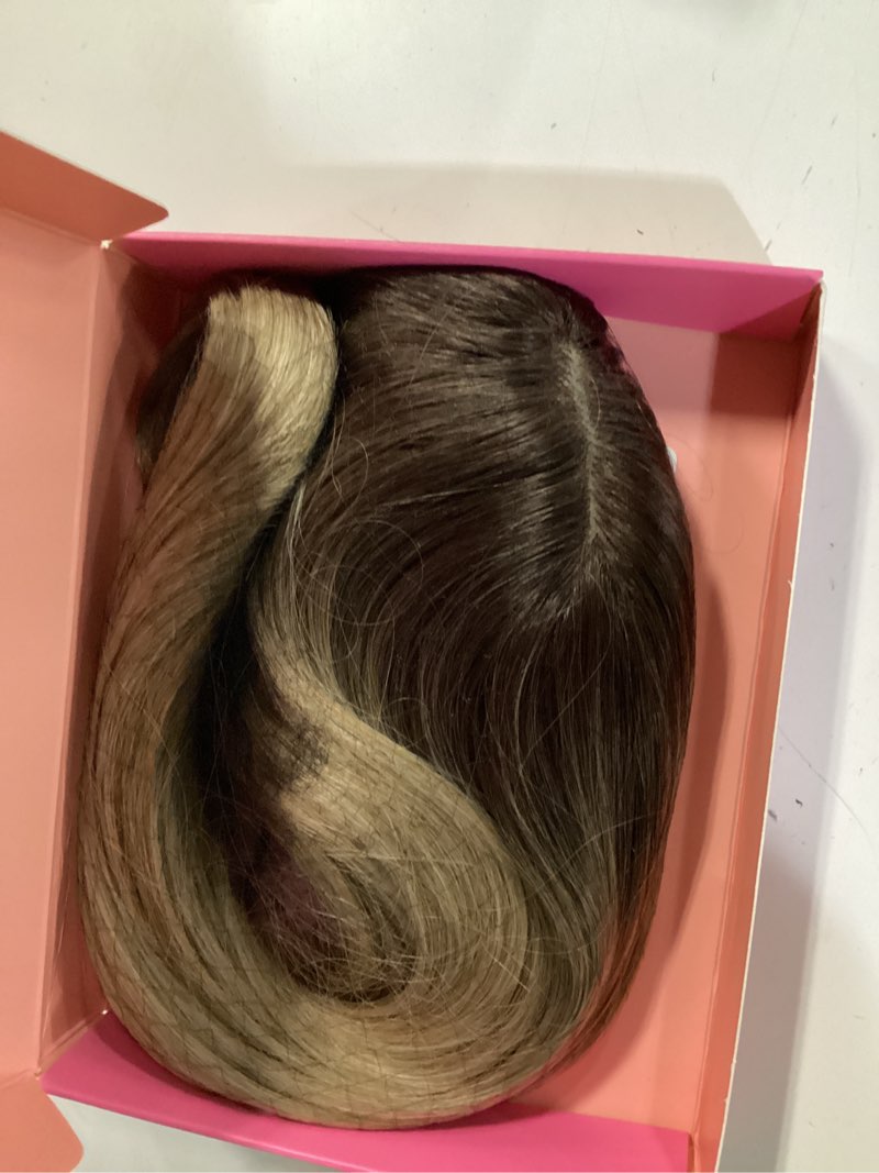 Condition photo showing Good Condition for paneway hair topper with bangs 18inch toppers with 6.5“ ×6.5” large base long straight layered premium synthetic hair pieces for women-ombre blonde with dark root 18 inch ombre blonde with dark root