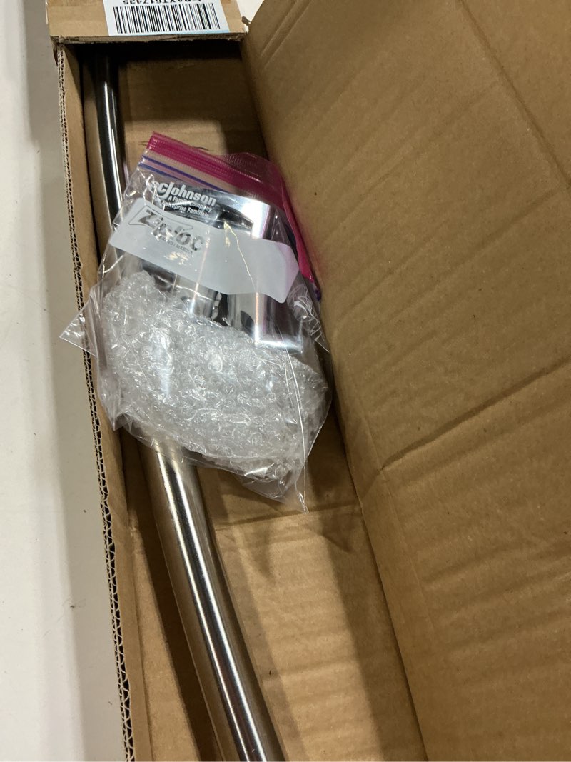 Condition photo showing Good Condition for chrsouly adjustable curved shower rod, 42-72 inches extra wide shower curtain rod, rust proof, premium stainless steel, curved shower curtain rod for bathroom, need to drill, silver silver 42-72 inches