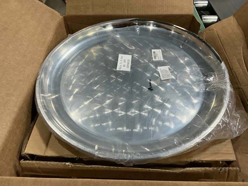 Condition photo showing Good Condition for 8 pack stainless steel round serving tray with swirl pattern bulk large round tray silver metal display serving platter for coffee party club home (12 inch) 8 12 inch