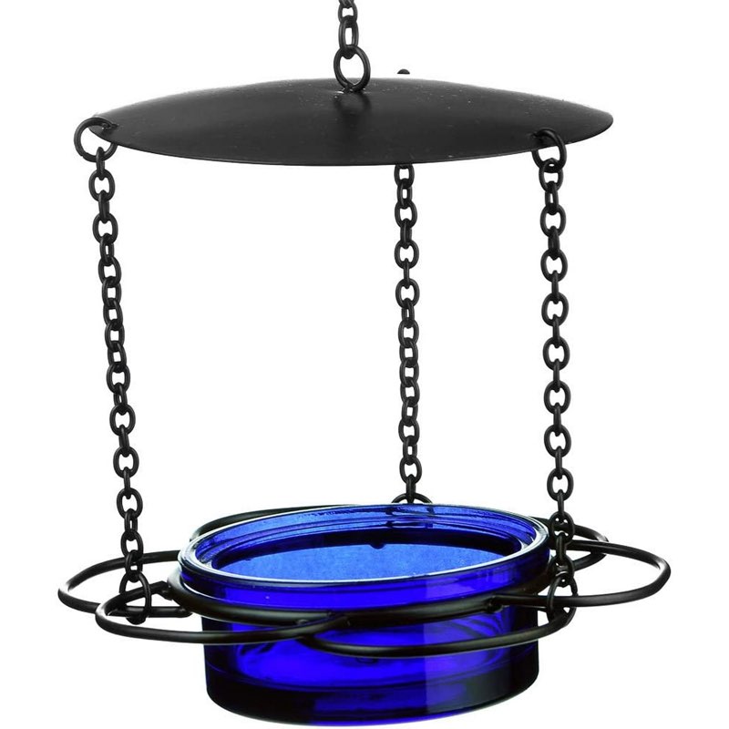 Mosaic Birds Recycled Glass and Metal Floral Hanging Bird Feeder for Outdoors, Oriole, Cardinal, Finch Bird Feeder, Cobalt