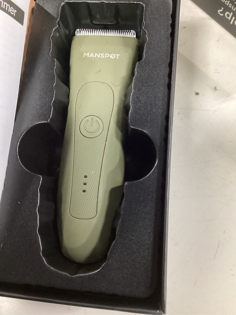 Condition photo showing As Is for manspot manscape hair finishing trimmers, pubic hair trimmer for men and women, electric ball trimmer pubic shaver,hypoallergenic ceramic blade heads,waterproof wet/dry groin shaver,20 times usage green