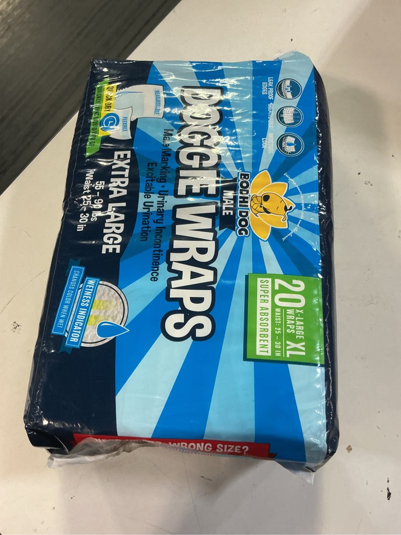 Condition photo showing New/Like New for bodhi dog disposable male dog diapers - super absorbent, leak-proof pee wraps - adjustable fit, comfortable design, advanced moisture control, and wetness indicator - extra large (20 count)