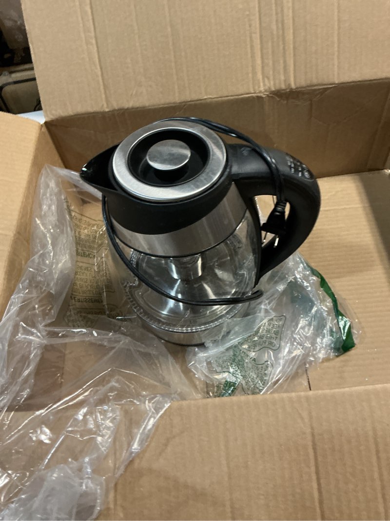 Condition photo showing As Is for chefman electric kettle with temperature control, 5 presets led indicator lights, removable tea infuser, glass tea kettle & hot water boiler, 360° swivel base, bpa free, stainless steel, 1.8 liters 1.8l - stainless steel - tea infuser - temperature control