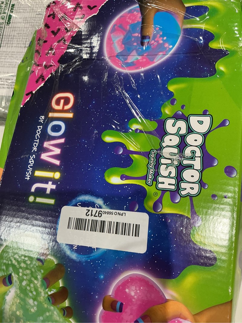 Condition photo showing As Is for doctor squish squishy maker station neon | diy make your own glow in the dark squishies kit | all inclusive with glowing sparkles & slime powder | ages 8 & up