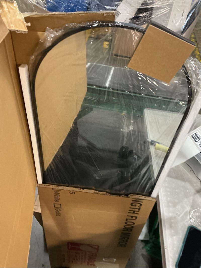 Condition photo showing New/Like New for arched full length mirror, 56"x15" standing body mirror for wall, black | built-in stand, hd shatterproof glass, aluminum alloy frame, hanging or standing, for bedroom, living room & dressing room matte black 56"l x 15"w