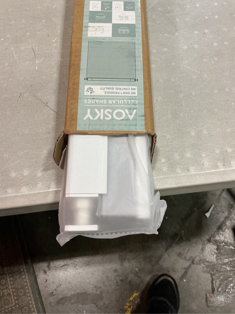 Condition photo showing As Is for aosky 100% blackout no drill cellular shades blinds for indoor windows, no tools thermal insulated black out cordless honeycomb blinds for bedroom living room window, 23\\\" w x 48\\\" h, white blackout-white 23\\\"w x 48\\"h