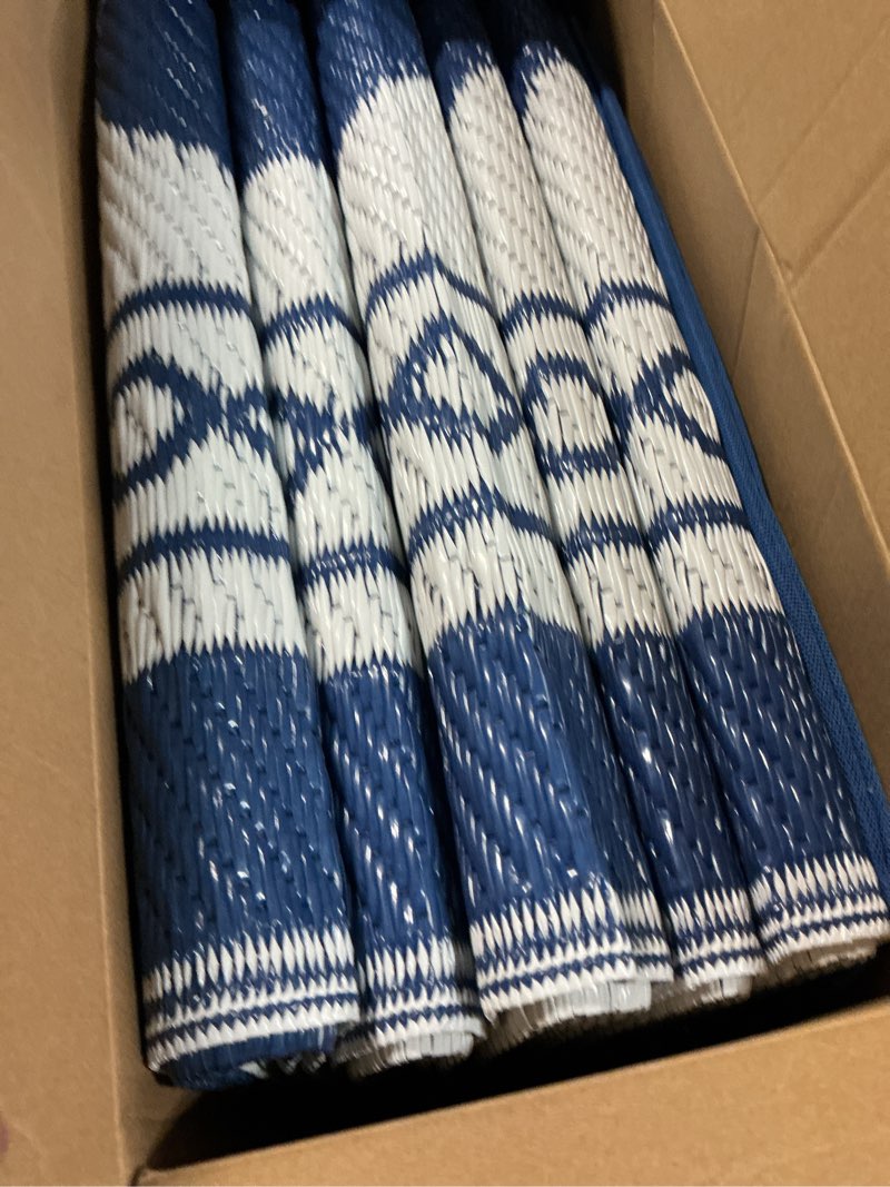 Condition photo showing Good Condition for garvee outdoor rug 8x10 scalloped waterproof patio rv outdoor rugs reversible foldable plastic straw rug modern camping carpet for deck camper porch balcony backyard picnic beach dark blue dark blue 8' x 10'