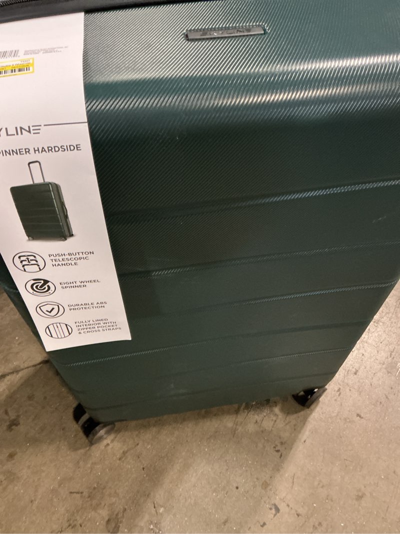 Condition photo showing As Is for skyline hardside large checked spinner suitcase - sea moss: 8 wheels, telescoping handle