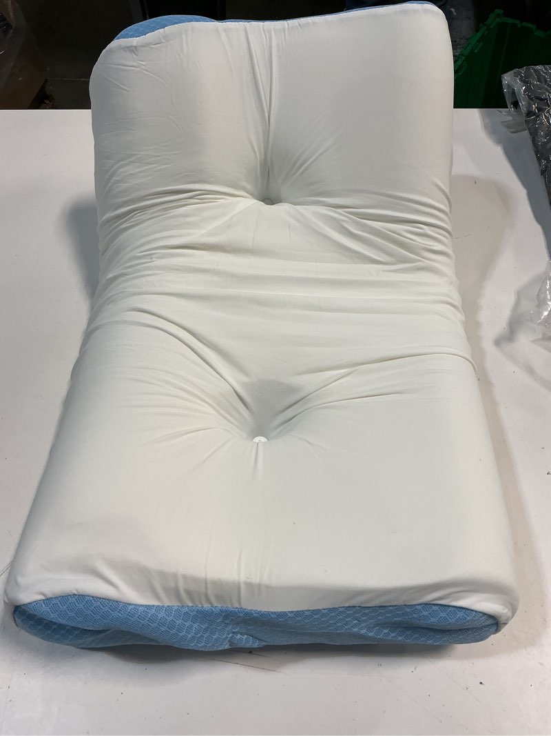 Condition photo showing Good Condition for Cervical Pillow for Neck Pain Relief - Contour Pillow Memory Foam Pillows for Sleeping, Double Ear Relief Zones Neck Pillow, 6CM Enhanced Neck Support Cooling Bed Pillow for All Sleep Positions White Blue Standard (Pack of 1)