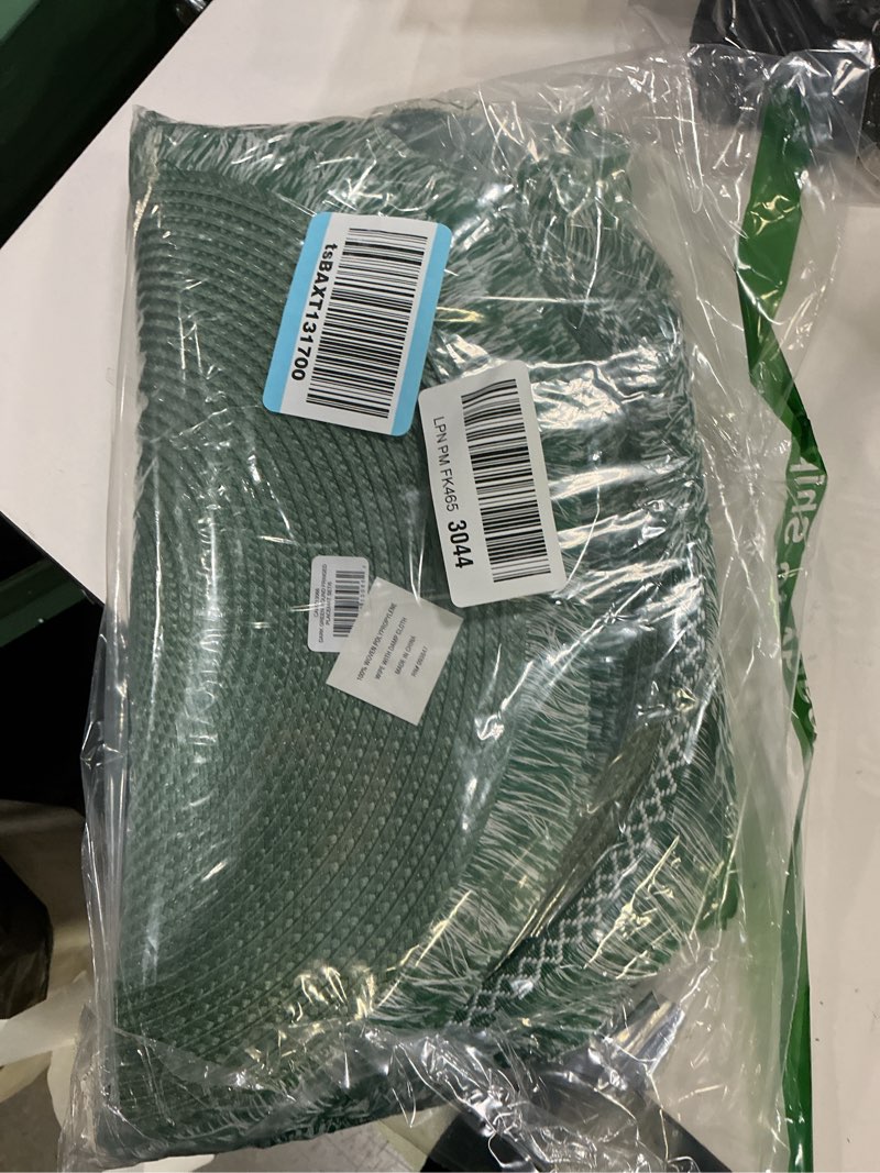 Condition photo showing Good Condition for DII Woven Placemat Collection Round, 14.75" Diameter, Dark Green Fringe, 6 Piece 14.75" Diameter Dark Green Fringe