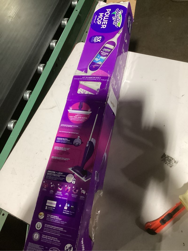 Condition photo showing As Is for swiffer wet jet mop, floor cleaner for mopping wood, laminate, tile in home, bathroom, kitchen, all purpose multi-surface cleaning set includes 1 spray mop, 5 pads refill, 1 fresh scent solution dust mop