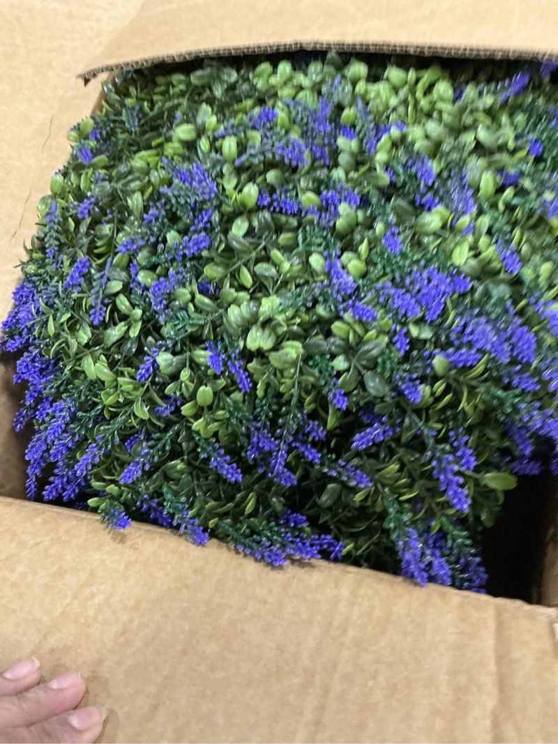 Condition photo showing Good Condition for hyeflora 26'' artificial boxwood topiary trees with lavender 2 pack fake plants for outdoor indoor artificial shrubs with metal ground spike uv resistant fake bushes for front porch garden, purple tree shaped-purple