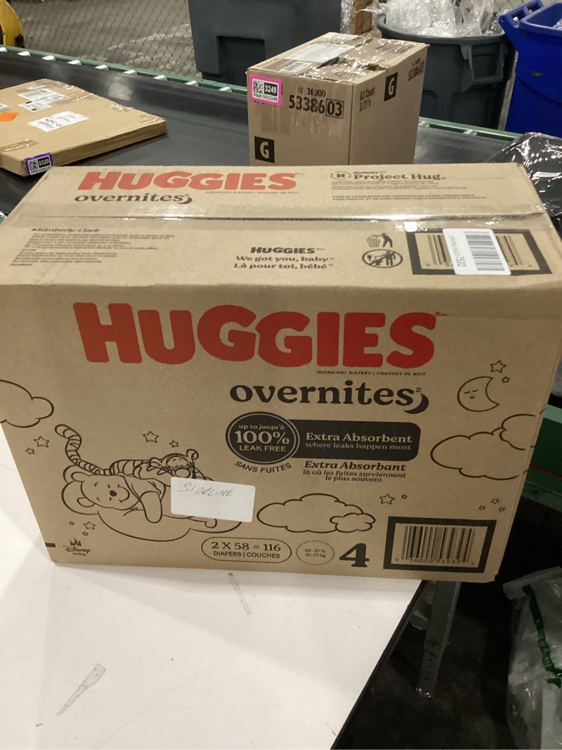 Condition photo showing New/Like New for Huggies Size 4 Overnites Baby Diapers: Overnight Diapers, Size 4 (22-37 lbs), 116 Ct (2 Packs of 58), Packaging May Vary Size 4 116