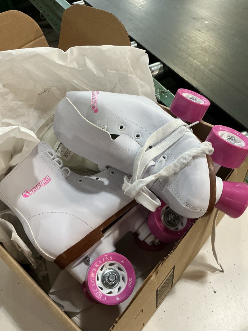 Condition photo showing As Is for boys- 1 chicago rink roller skates for girls & boys – durable top performance indoor/outdoor use skate shoes with padded ankle collar, lace-up & velcro strap – 54mm urethane wheels, semi-precision bearings white girls / boys - 1