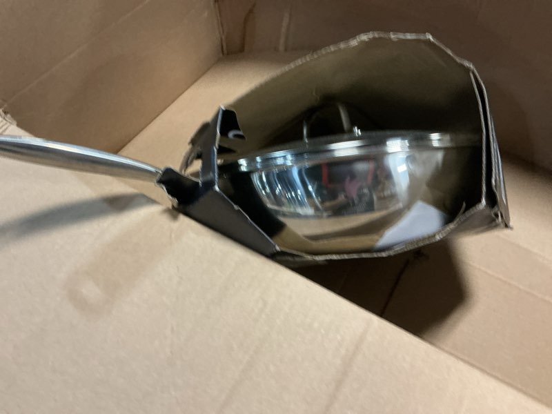 Condition photo showing New/Like New for blue diamond hybrid nonstick stainless steel 12” wok with lid, pfas-free ceramic diamond bond stir-fry pan, induction ready, dishwasher & oven safe, metal utensil safe, stay-cool handle, silver 12" wok with lid stainless steel