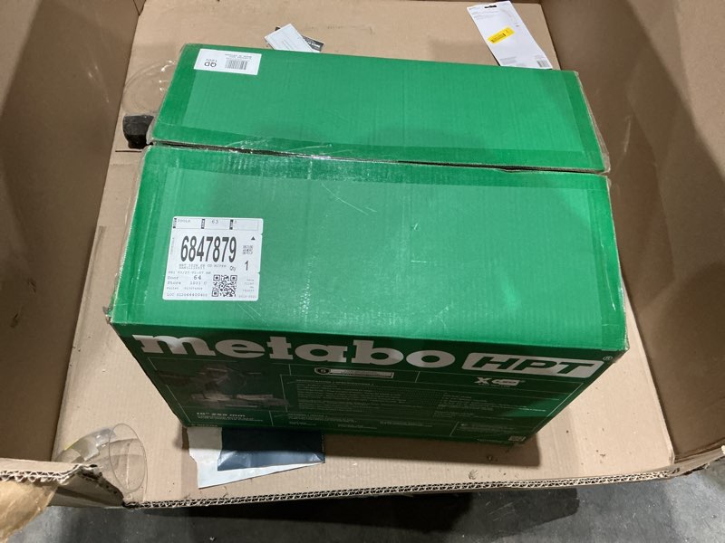 Condition photo showing As Is for incomplete. missing parts. metabo hpt 10-inch single bevel compound miter saw, 15-amp power saw with xact cut shadow line, single bevel 0-45°, 40t tct miter saw blade, c10fcg2
