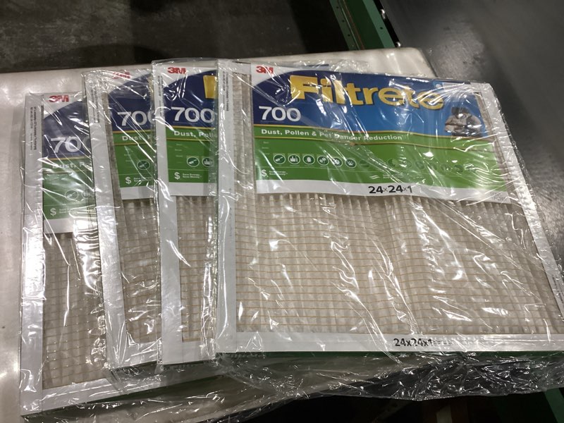 Condition photo showing New/Like New for Filtrete 24x24x1 AC Furnace Air Filter, MPR 700, MERV 8, Tough on Pollen, Easy on Airflow, 3-Month Pleated 1-Inch Electrostatic Air Cleaning Filter, 4-Pack (Actual Size 23.81 x 23.81 x 0.81 in)