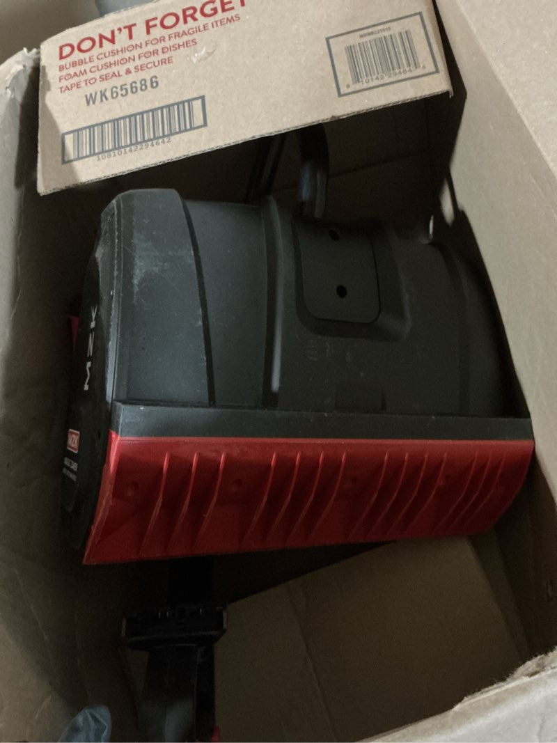 Condition photo showing As Is for mzk cordless snow shovel, 20v 13-inch battery powered snow thrower, battery snow blower with directional plate & adjustable front handle(4.0ah li-ion battery & fast charger included),red