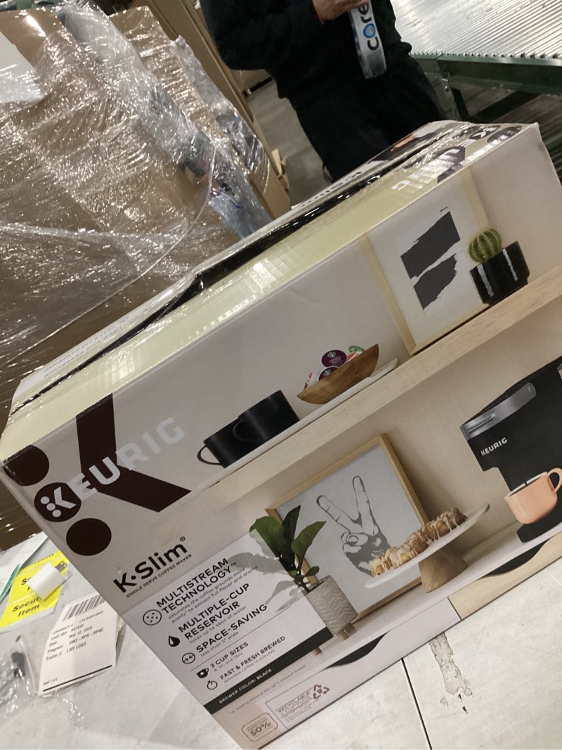 Condition photo showing New/Like New for keurig k-slim single serve k-cup pod coffee maker, multistream technology, 3 brew sizes, slim and sleek design, 46oz removable reservoir, black