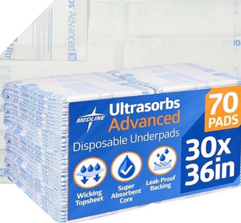 medline advanced ultrasorbs drypads, 30" x 36", 70 count, large disposable bed pads, incontinence bed pads, super absorbent chucks for adults, elderly, 300 lb weight capacity