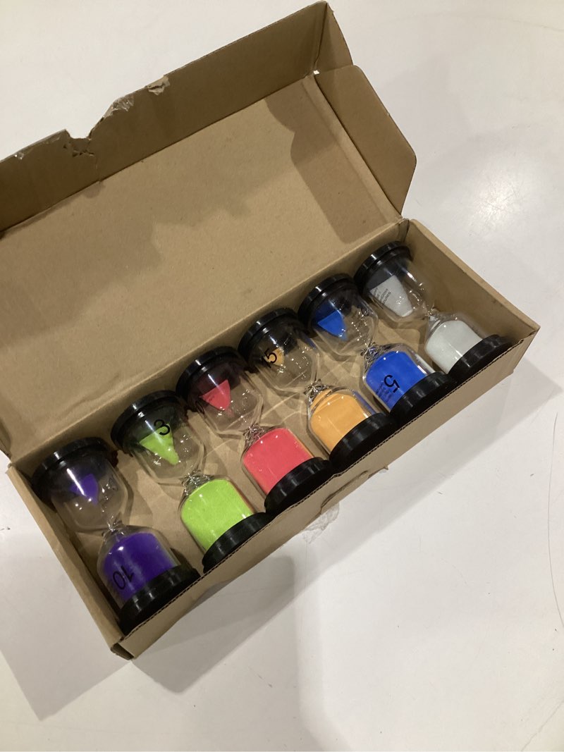 Condition photo showing Good Condition for sand timer, sand timers colorful 1/3/5/10/15/30 minutes sandglass timer with protective cover for classroom home office cooking (pack of 6) multicolor silicone cover+ borosilicate glass body 1/3/5/10/15/30 mins
