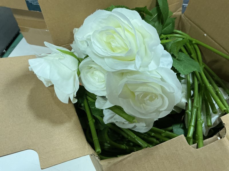 Condition photo showing Good Condition for 55 pcs ivory roses artificial flowers bulk, artificial roses fake flowers with adjustable stems, soft foam roses for diy wedding bouquets, bridal shower centerpieces, home party decor white 55