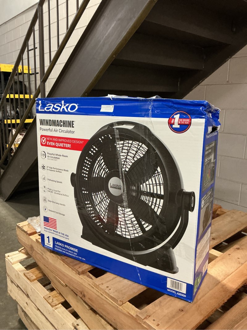 Condition photo showing Good Condition for lasko windmachine 20" large floor fan with pivoting head for whole room cooling, portable indoor 3-speed air circulator, black, a20305